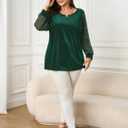 SCOMCHIC Women's Plus Size Blouses Long Sleeve V Neck Sparkly Sequin Velvet Top Dressy Casual Loose Shirts Party Tops (XX-Large Plus, Emerald Green)