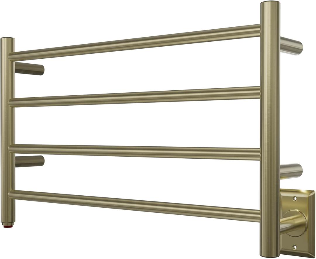 HEATGENE Towel Warmer, Heated Towel Rack, Plug-in/Hardwired, Brushed Brass
304 Stainless Steel Wall-Mounted 4-Bar Towel Warmer With Flexible Plug-In Or Hardwired Installation For Bathrooms