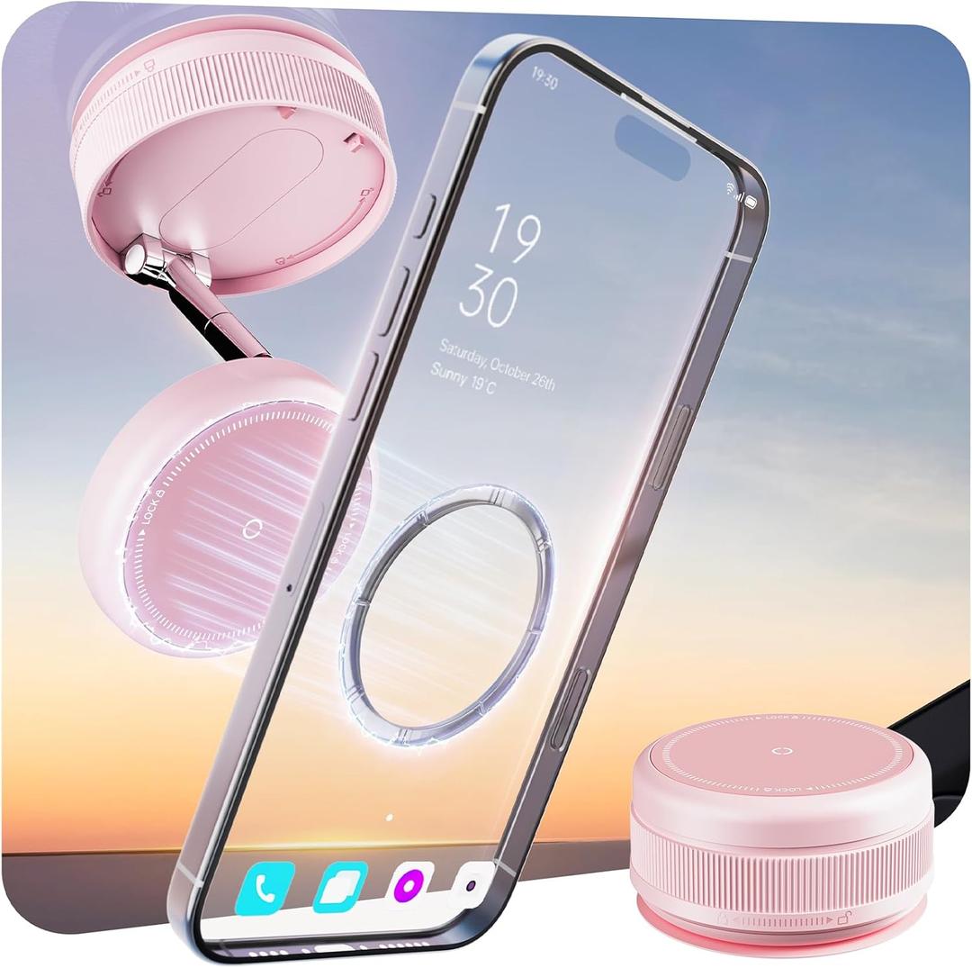 Upgraded 360° Vacuum Magnetic Car Phone Holder for Magsafe [96+LBS Strongest Suction & 2800gf Strongest Magnetic], Adjustable Car Phone Mount for Your Car/Gym/Mirror for iPhone & Android, Light Pink