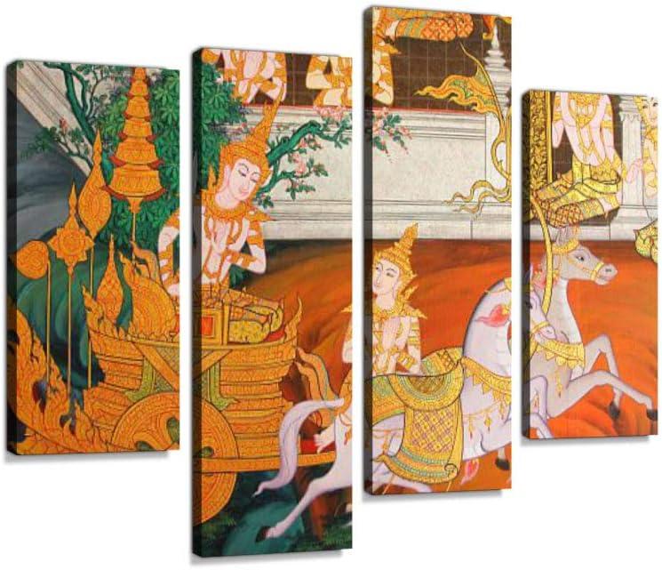 Masterpiece of Traditional Thai Style Painting Canvas Wall Art Hanging Paintings Modern Artwork Abstract Picture Prints Home Decoration Gift Unique Designed Framed 4 Panel
