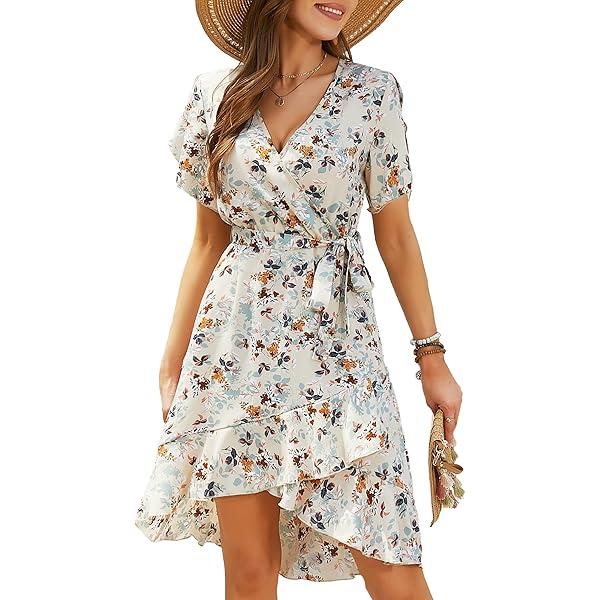 Womens Wrap V Neck Short Sleeve Dress 2025 Summer Floral Boho Dress Ruffle A Line Flowy High Low Midi Dresses, Size: M