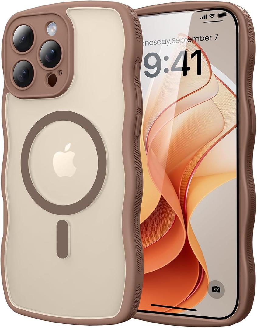 2 x for iPhone 15 Pro Case with MagSafe, Upgraded [Full Camera Protection] [Fit for MagSafe] [Mil-Grade Drop] Cute Wave Translucent Non-Slip Phone Case for iPhone 15 Pro 6.1",Desert Brown