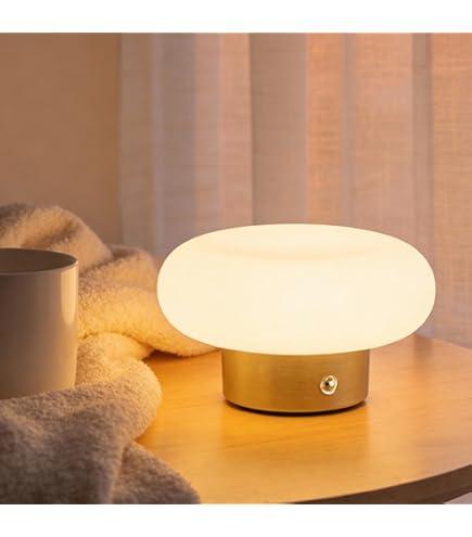 Mushroom Lamp Cordless Rechargeable Bedside Light,Cute 5W Dimmable LED Table Lamp with Glass Shade Vintage Touch Control for Bedroom Decor,3 Color Temps Ambient Mood Lighting,Yellow