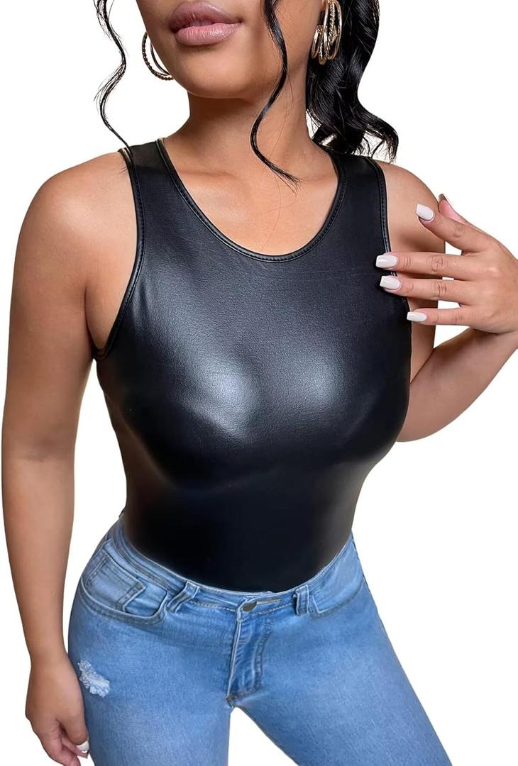 Women's PU Leather Round Neck Slim Fit Tank Top Vest (X-Large, Black)