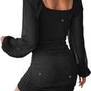 Women's Square Neck Ruched Mesh Puff Long Sleeve Bodycon Mini Party Dress