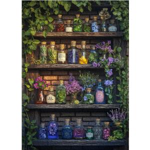Magic Plant Bookshelf Puzzles for Adults 1000 Pieces, Vintage Wildflower Jigsaw Puzzle 1000 Pieces, Retro Botanical Flower Puzzle as Home Decor