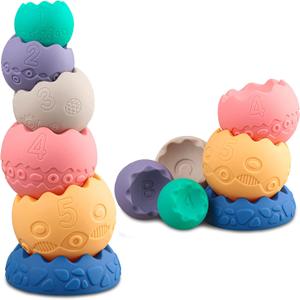 Stacking Balls Soft Toys for Babies 6 12 18 Months 1 Year Old Girls Boys - Toddlers Sensory Educational Montessori Baby Blocks - Infant Newborn Teething Learning Stacker Cups-Easter Basket 6 Pcs