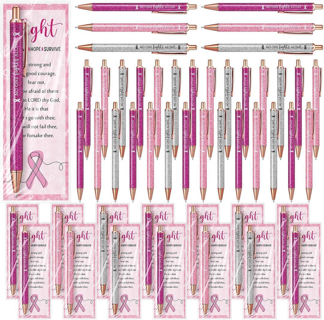 36 Set Breast Cancer Awareness Gifts Glitter Pens Bulk Pink Ribbon Breast Cancer Accessories with No One Fights Alone Cheer Up Cards for Women Survivor Patients Public Charity Events
