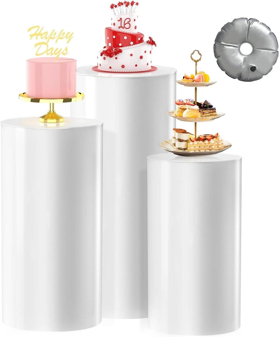 [Upgrade Thickened] Cylinder Pedestal Stands for Party 3PCS, Large White Cake Pedestal Stand with Weighted Water Bag, Round Cylinder Tables for Wedding , Birthday, Party Art Decor, Floral Arrangements (White)