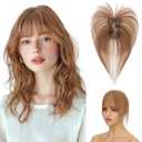 Hairro Clip In Bangs Wispy Hair Toppers For Women Remy Human Hair Short Thin Topper Hairpieces 3D Cover Clip On Fake Air Bang 11 Inches 14g #06 Light Brown