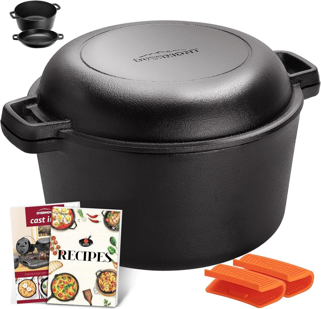 Overmont 2-in-1 Cast Iron Dutch Oven - 5QT Pre-Seasoned All-in-One Casserole Braising Pan with Skillet Lid Cookbook & Silicone Handle Covers - Heavy Duty Oven-Safe Pot for Bread Baking Frying Camping