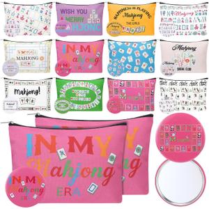 24 Pcs Mahjong Makeup Bags with Mirrors Set Bulk Mother's Day Presents for Women 9 x 6 Inch Mahjong Canvas Cosmetic Pouches for Teacher Nurse Coworker Party Favors