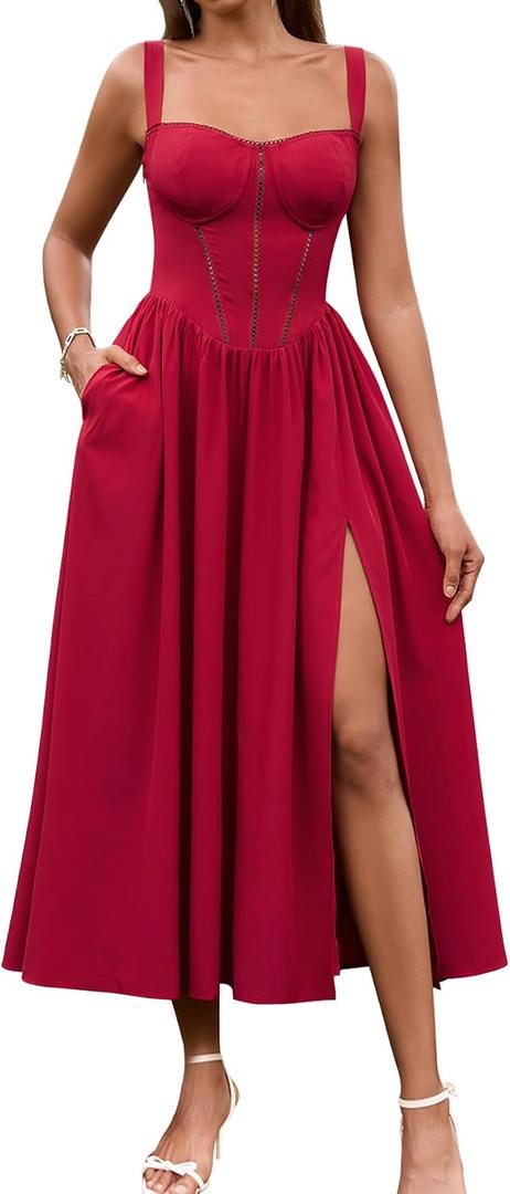 KUTUMAI Floral Corset Midi Dress Flowy Slit Summer Spring Wedding Guest Dresses for Women Sundress with Pockets ( M)