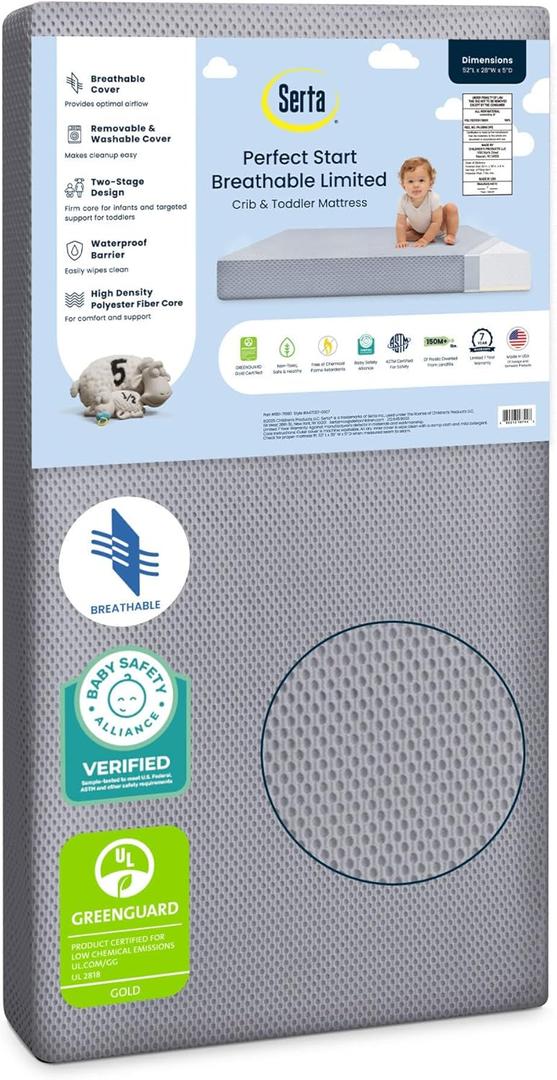 Serta Perfect Start Breathable Limited Two -Stage Crib Mattress and Toddler Mattress - Breathable Cover and Fiber Core, Machine Washable Cover, Waterproof