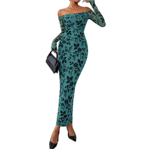 PRETTYGARDEN Womens Off The Shoulder Floral Maxi Bodycon Dress Fall Long Sleeve Mesh Fitted Long Formal Wedding Guest Dresses, Small