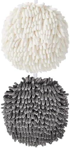 2-Pack Chenille Fuzzy Ball Hand Towels, 7.1 Inch Fuzzy Ball Hand Towels for Bathroom, Fast Drying Ball Towel with Loop Hanging Kitchen Towels for Kitchen Decor(1 White & 1 Grey)