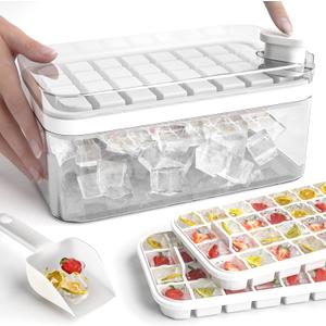 Ice Cube Tray with Lid and Bin, Easy-Release 64 Pcs Ice Cube Trays for Freezer, Tiny Ice Cube Maker Mold with Ice Scoop for Chilling Drinks Coffee Juice Cocktail Whiskey Tea, BPA Free