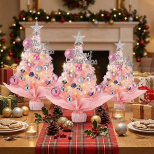 3 Pcs Mini Pink Christmas Tree with Lights 20 Inch Prelit Artificial Tabletop Warm Lights Treetop Star and Ornaments Tabletop Tree for DIY Pink Christmas Decoration Gifts