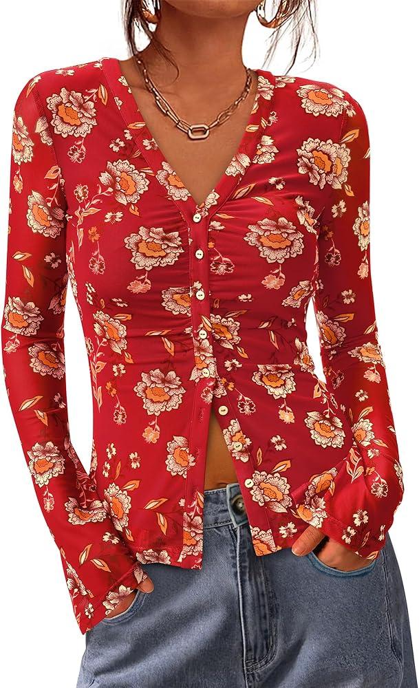 BTFBM Button Down Shirts for Women 2026 Spring Boho Tops V Neck Long Sleeve Blouses Ruched Mesh Fitted Fashion Clothing, size XXL
