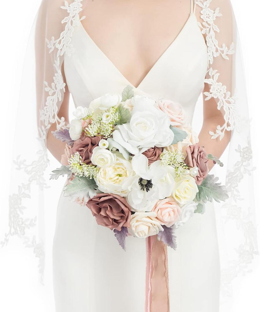 Ling's moment Dusty Rose Bridal Bouquet for Bride, Blush Pink Wedding Bouquets for Bride, 13 Inch Silk Round Artificial Wedding Flowers Bouquets