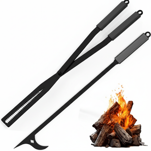 MOOFI Heavy Duty Fire Tong & Poker Set, Firewood Grabber 27.7" Long-Handle Carbon Steel Log with Serrated Grip Tong, Tools Sets For Fire Pit, Fireplace, Wood Stoves, Campfires, Bonfires & BBQ Grills (Black)