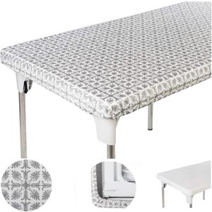 Vinyl Tablecloth Plastic Elastic Corner Rectangle 8ft 96 x 30 in Silver Pattern Picnic Table Cloth for Folding TableCover Anniversary Birthday Holiday Tablecloths Trade Show Thanksgiving