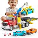 Kids Tow Truck Toys for 3 4 5 6 7 Years Old Boys, Toddler Car Toys, Large Truck with 2 Transformation Cars and Multi-Functional Trailer, Crane with Lights and Sounds, Christmas Birthday Gifts