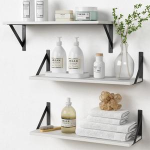 White Floating Shelves 24 inches Long Set of 3, 24 x 8 Inch Bathroom Wall Shelves Over Toilet for Towels, Modern Wood Mounted Storage Shelf for Bedroom Living Laundry Room Kitchen Office Closet