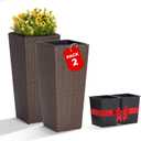 IDZO All Weather Wicker Planters for Outdoor Plants Set of 2, 24 inch Tall Planter for Front Porch, Patio, Balcony, Indoor Usage - Square Rattan Flower Pots, Mocha