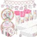Yiyiring 405 Pcs Pink Elephant Themed Baby Shower Tableware Set It's a Girl Pink Elephant Decoration Baby Shower Plates and Napkins Birthday Supplies Include Tablecloth Banner Cup for 50 Guests