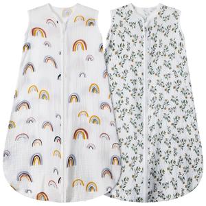 2 Pack Baby Sleep Sack 0-6 Months 100% Organic Cotton Muslin Baby Sleeping Bag 2-Way Zipper Wearable Blankets (Rainbow & Leaf, Small)