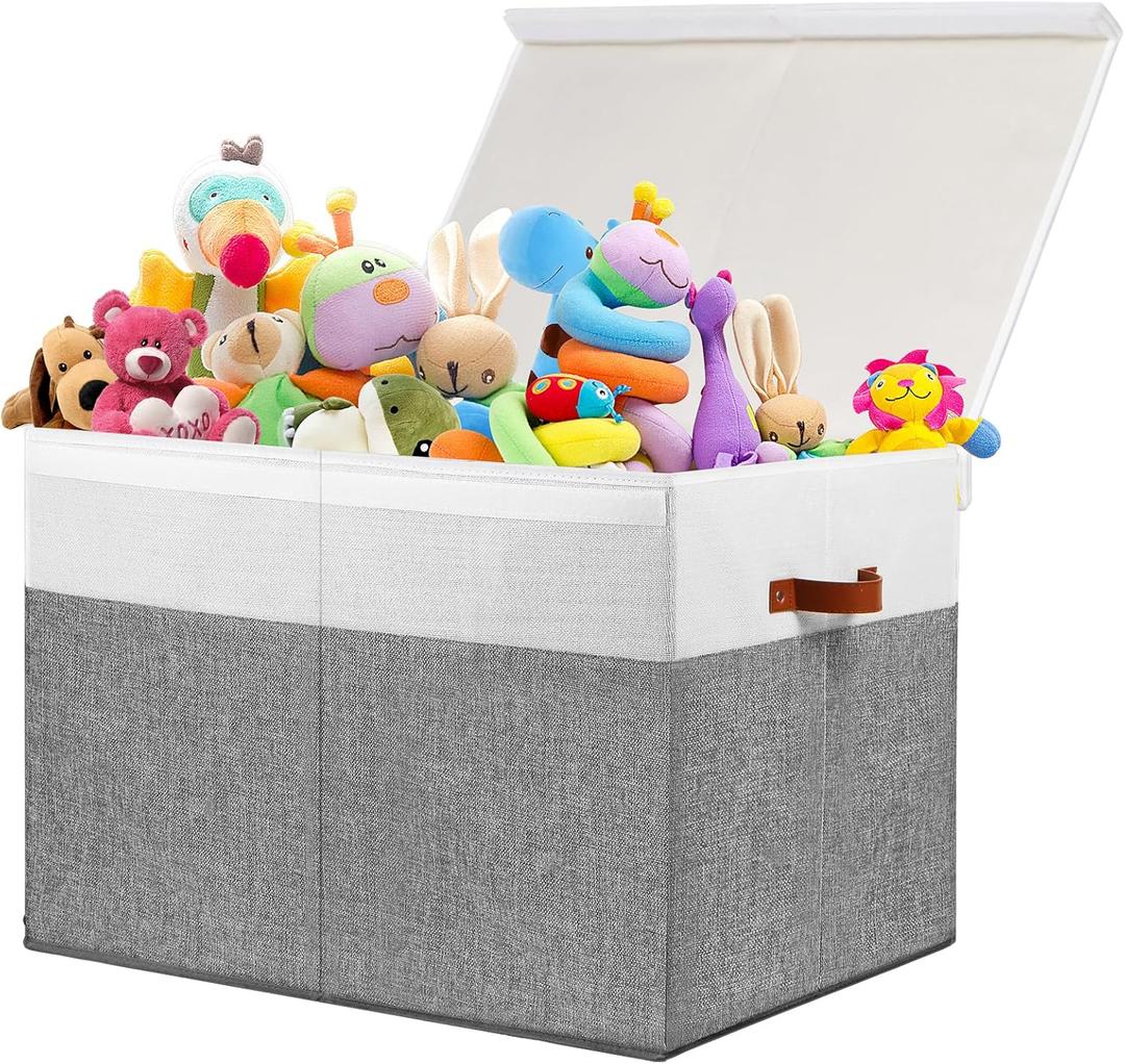 Large Toy Storage Box with Lid, Sturdy Toys Storage Chest Bin Organizer Basket with Dividers for Kids, Boys, Girls, Nursery, Closet, Bedroom, Playroom 26"x17" x17" (Grey and White)