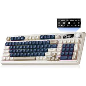 AULA S99 Pro Wireless Keyboard, Gaming Keyboards Media Knob Custom RGB Backlit, 3-Modes BT/2.4G/USB-C Membrane Cute Creamy Keyboard for Windows/MAC/PC Gamer - Blue White