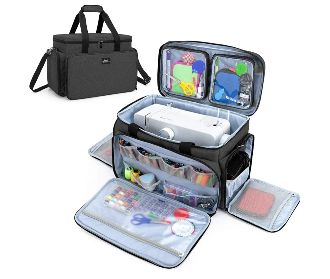 CURMIO Sewing Machine Carrying Case for Most Standard Sewing Machine, Universal Travel Tote Bag with 2 Removable Transparent Zipper Pouches for Sewing Supplies, Black (Patented Design)