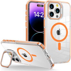 for iPhone 13 Pro Case, Compatible with MagSafe, Magnetic Kickstand Case for Women Girls, Clear Orange