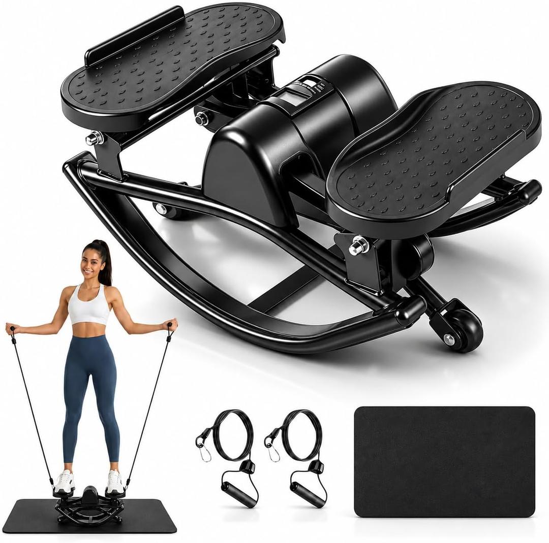 Rock Stepper Side to Side, Rocking Stepper for Exercise at Home with Resistance Bands & LCD Monitor, Low Impact Mini Stair Stepper, Anti-Slip Compact Home Workout Equipment, 250 LBS