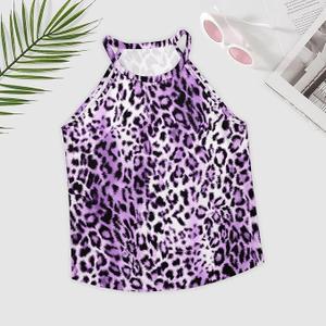 WDIRARA Women's Leopard Print Halter Top Shirt Casual Button Sleeveless Blouse M
