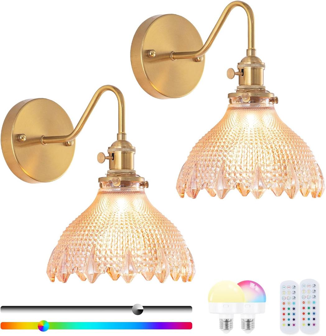 Vintage Battery Operated Wall Sconce Set of 2, Wireless Wall Sconces with Amber Glass Lampshade,Rechargeable Wall Lights with Remote Control for Bedroom, Living Room