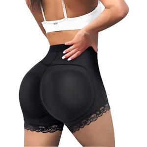 LODAY Womens Butt Lifter Padded Lace Panties Hip Enahncer Body Shaper Boyshort Underwear (Large, Black(mid Waist Shorts))