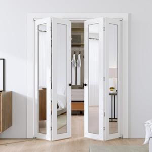 SMARTSTANDARD Bifold Doors, Mirror Closet Doors for 60''15" x4 x 80" with Sliding Hardware Kit Set, Interior Bi Fold Door for Closet, Easy Install, MDF, White