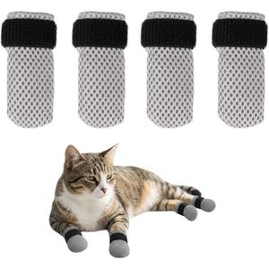 4 Pcs Cat Mittens to Prevent Scratching, Adjustable Shoes for Cats Paw Covers Booties Socks Paws Anti Scratch Non-Slip Mesh Breathable for Pet Kitten Bathing Feeding Cutting Nail Trimming(Gray)
