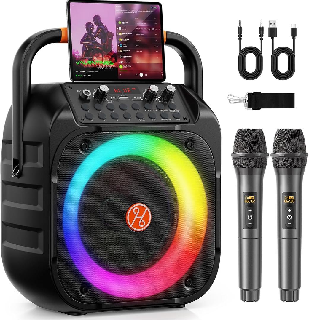HUALIAN Karaoke Machine for Adults, Portable Bluetooth Karaoke with 2 Wireless Microphones, Echo Adjustment, LED Lights, PA System Karaoke Speaker Support TV/REC/AUX/USB/TF Card (6.5"Subwoofer Black)