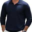 LIFROWI Mens Sweater Knit Polo Golf Shirt Long Sleeve V Neck Knitted Causal Collared Fashion Business Pullover Sweater(L,3-Navy Blue)