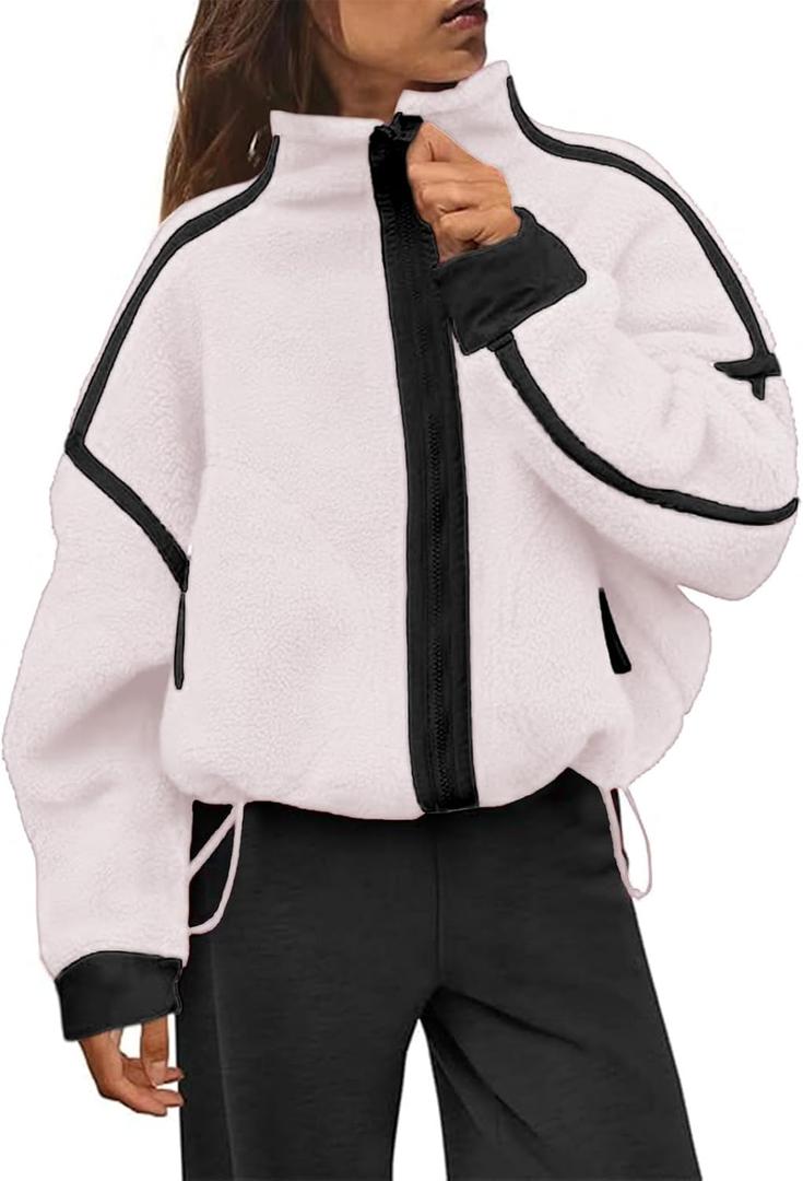 Womens Sherpa Fleece Jacket Zip Up Fuzzy Casual Oversized sweatshirts with Pockets Fall Winter Cozy Outerwear (Large, White)