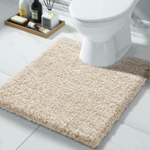 Yimobra Toilet Rugs U Shaped 24x20, Ultra Soft and Water Absorbent Bath Mats, Non Slip Fluffy Luxury Microfiber Contour Bath Rugs for Toilet, Dry Quick, Machine Washable, Light Beige and White