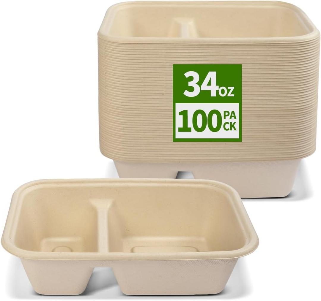 100 Pack 2 Compartment Paper Bowls for Chip Dip, Nacho Cheese, Main Dish and Sides, Microwavable Two Compartment Deep Disposable Bowls for Snacks, Party Catering
