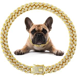 Dog Necklace Metal Cuban Link Dog Collar Gold Crystal Chain Collar with Design Secure Buckle Pet Collar Jewelry Accessories for Small Medium Large Dogs Cats(8inch)