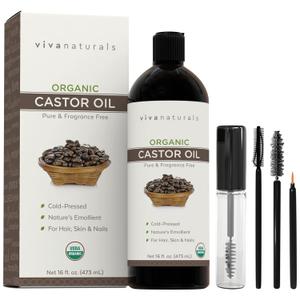 Viva Naturals Organic Castor Oil, Cold-Pressed, 16 fl oz  For Face, Hair, Eyelashes, USDA Organic, Non-GMO - With Beauty Kit