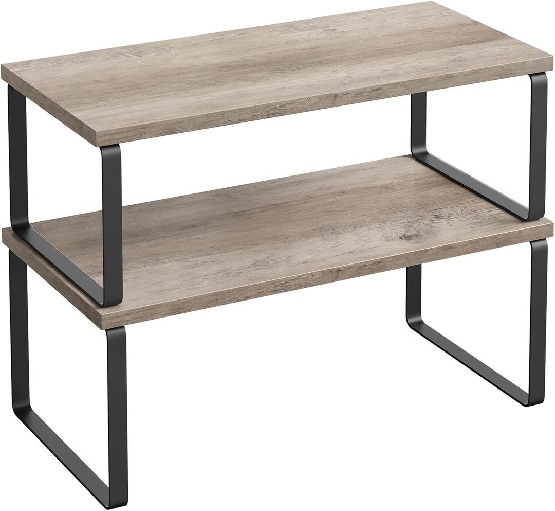 SONGMICS Cabinet Organizer Shelf, Set of 2 Kitchen Counter Shelves, Kitchen Storage, Spice Rack, Stackable, Expandable, Metal and Engineered Wood, Ink Black and Heather Greige UKCS200X02 (15.6"W)