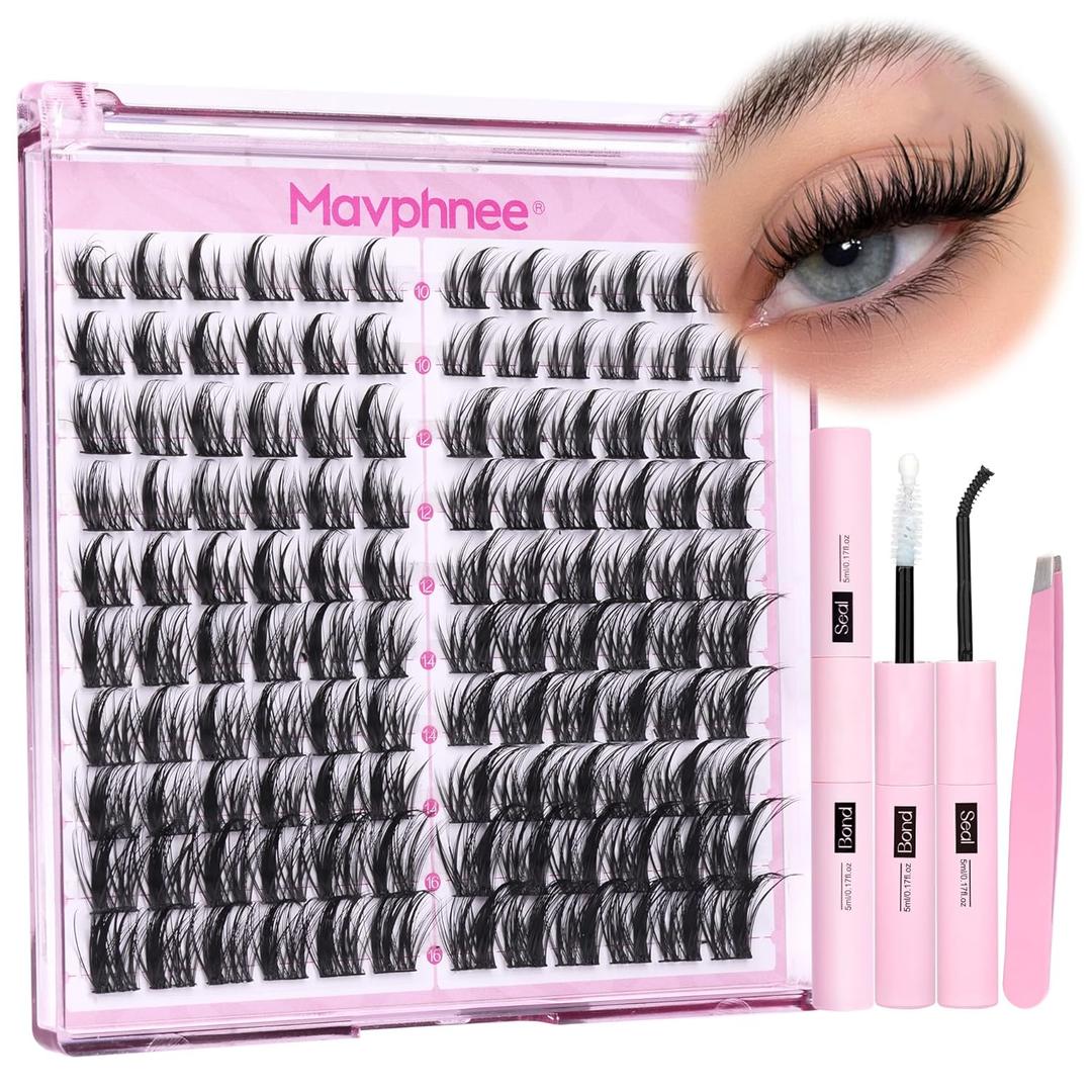Natural Lash Clusters Kit Spiky Cluster Eyelash Extension Kit 120 Pcs CC-Curly Eyelash Clusters 10-16MM Wispy Individual Lashes Kit with Lash Bond and Seal and Eyelash Tweezers by Mavphnee